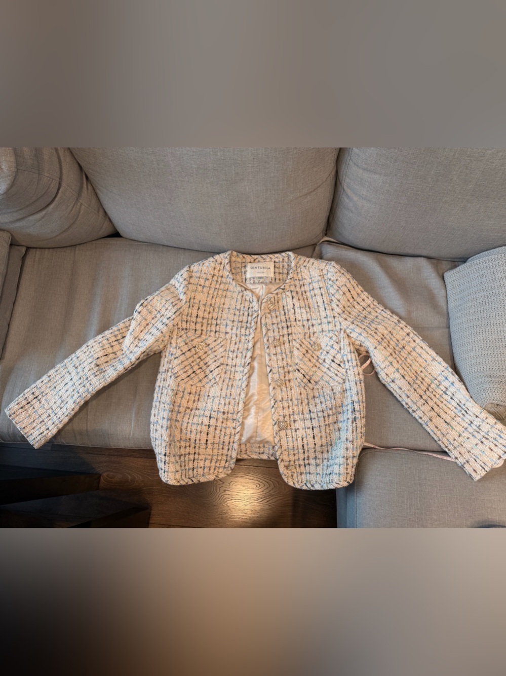 Ivory Tweed Collarless Button Jacket - Picture 2 of 6